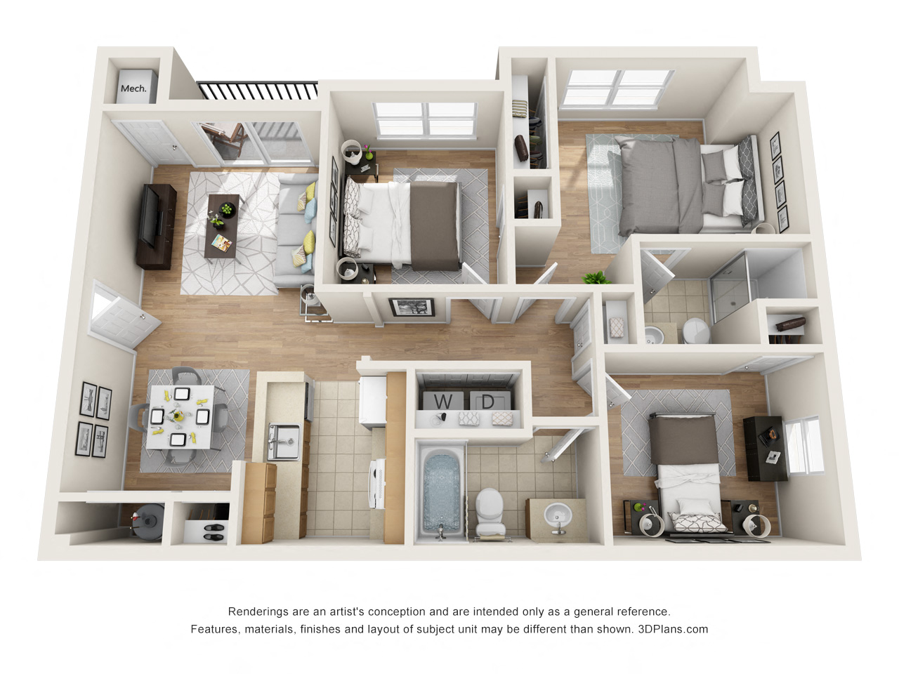 Floor plan for 3 beds, 2 baths, 1094 sqft